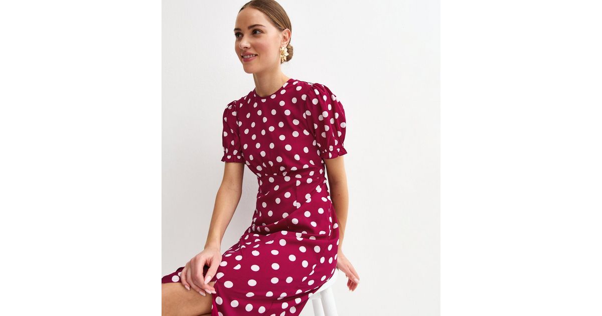 knee length dresses for ladies Womens Polka Dot Midi Dress With Asymmetrical Hem Sugar Thrillz