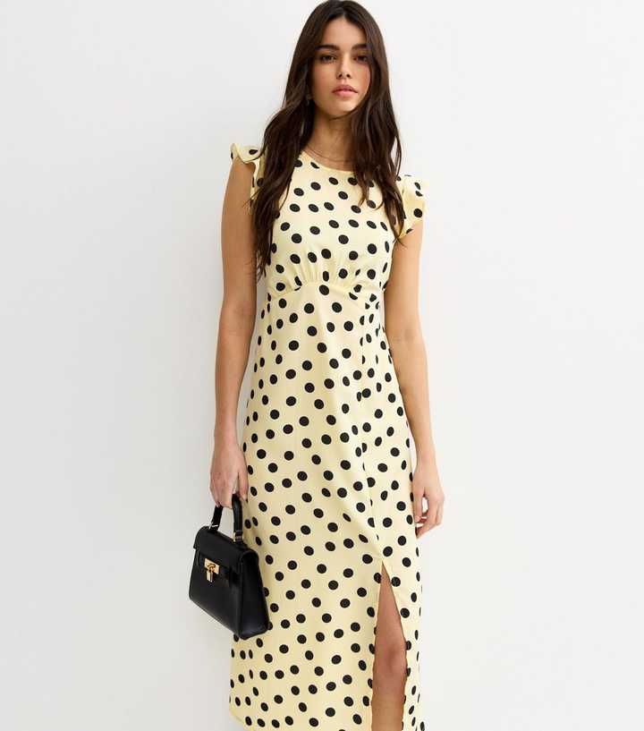 Yellow Polka Dot Frilly Cap Sleeve Midi Dress