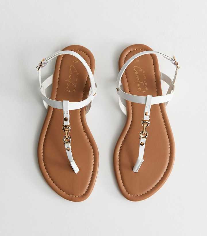 White Faux Leather Metal Toe Post Sandals