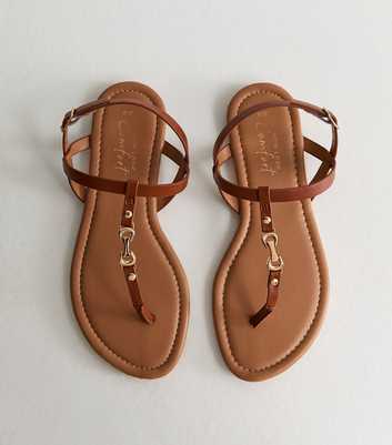 Tan Faux Leather Metal Toe Post Sandals