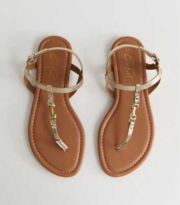 Gold Faux Leather Metal Toe Post Sandals