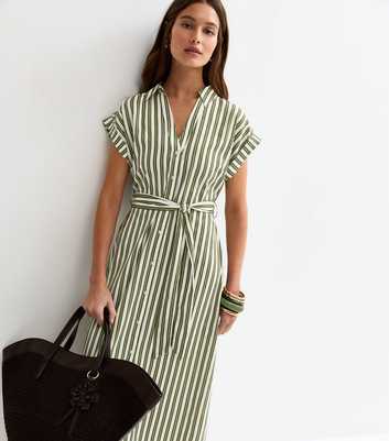 Green Striped Short Sleeve Midi Shirt Dress