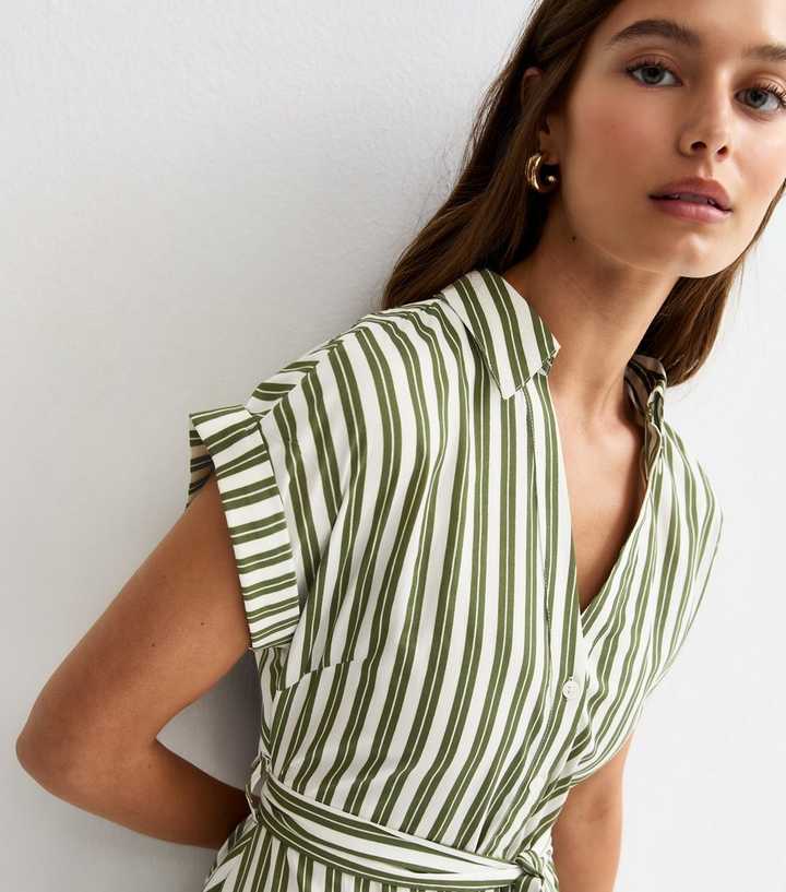 Green Striped Short Sleeve Midi Shirt Dress | New Look