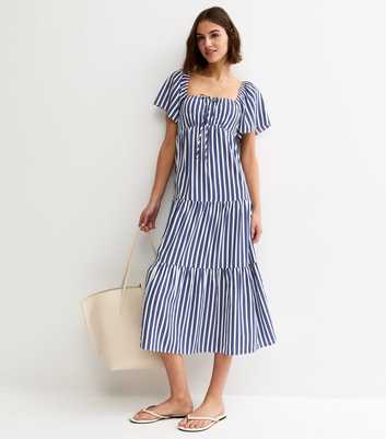 Blue and White Crepe Stripe Tiered Midi Dress