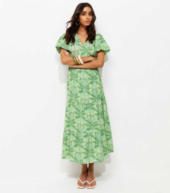 Green Crepe Tropical Pattern Wrap Midi Dress