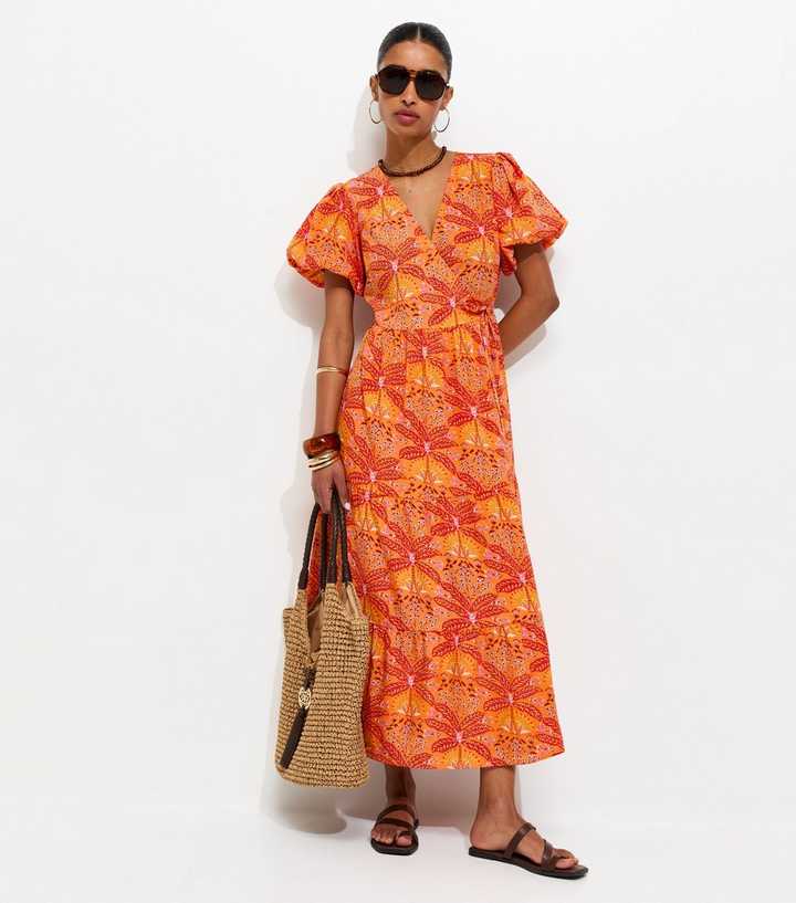 Orange Crepe Tropical Pattern Wrap Midi Dress