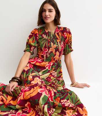 Red Tropical Floral Print Crepe Smock Shirred Midi Dress