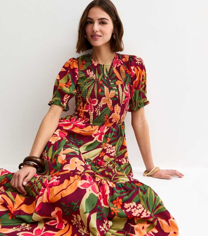 Red Tropical Floral Print Crepe Smock Shirred Midi Dress