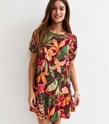 Red Tropical Floral Mini Smock Dress