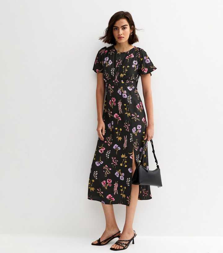Black Floral Flutter Sleeve Midi Dress