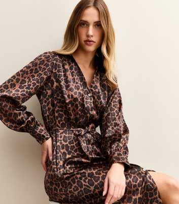 Brown Satin Animal Print Shirt Dress