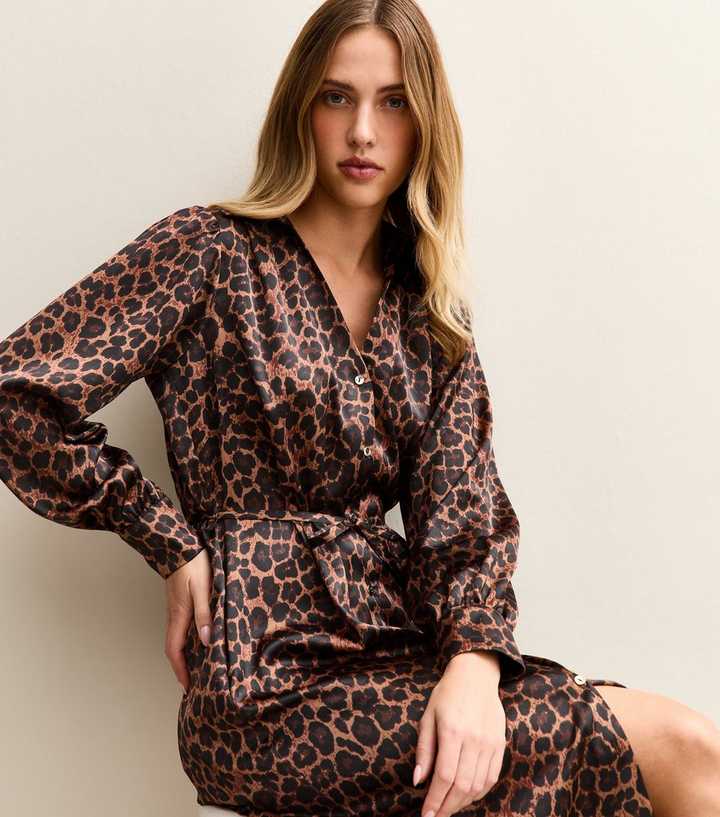 Brown Satin Animal Print Shirt Dress | New Look