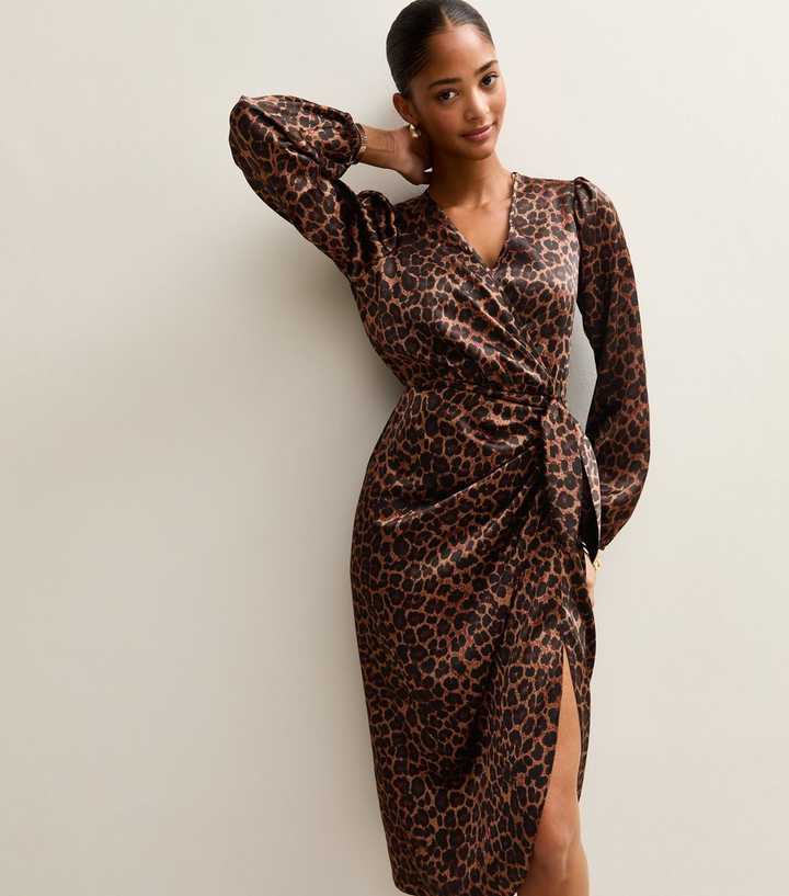 Brown Satin Animal Print Wrap Midi Dress