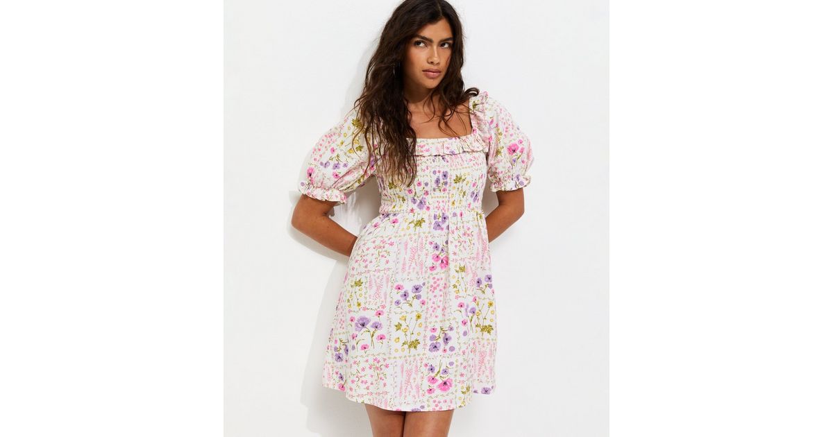 Cream Cotton Rich Floral Print Short Sleeve Shirred Frill Mini Dress
