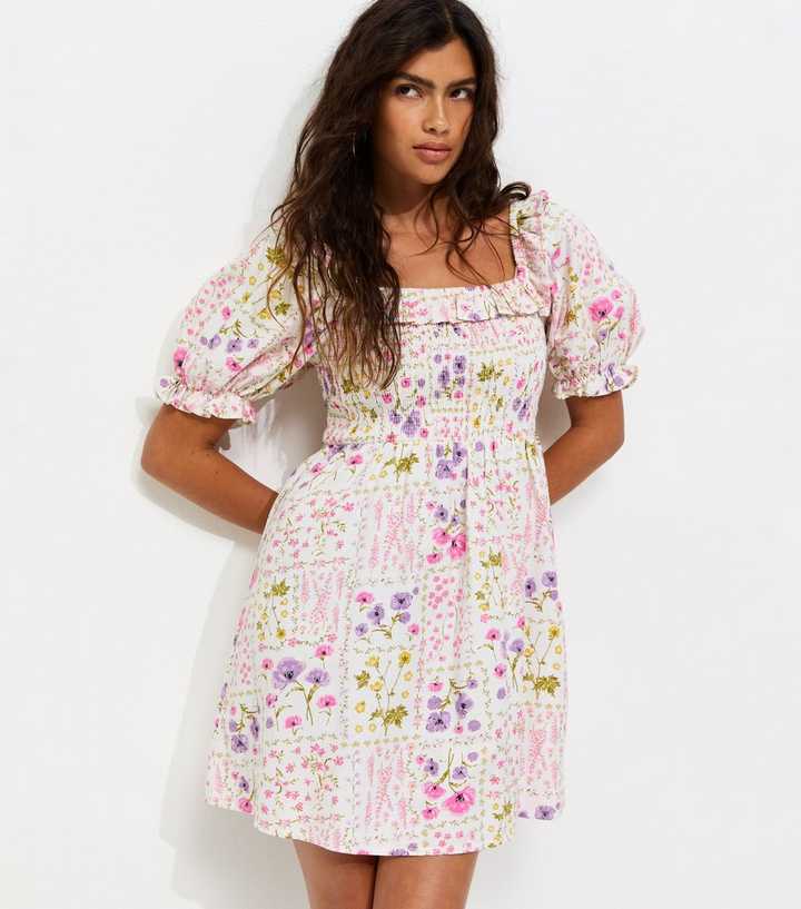 Cream Cotton Rich Floral Print Short Sleeve Shirred Frill Mini Dress