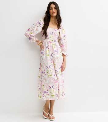 Cream Floral Shirred Cropped Sleeve Midi Dress