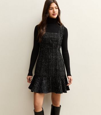 Black Square Neck Boucle Mini Dress