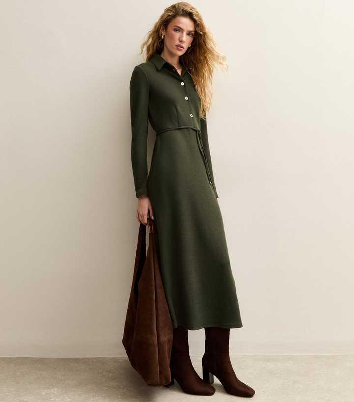 Khaki Crinkled Midi Shirt Dress