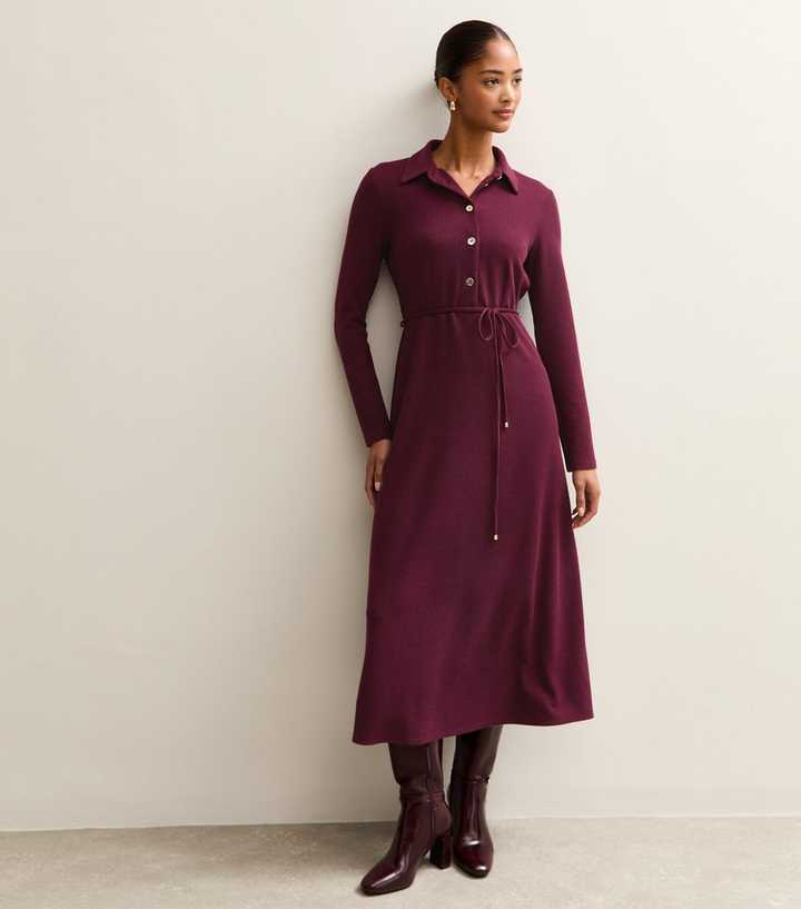 Dark Burgundy Crinkled Midi Shirt Dress