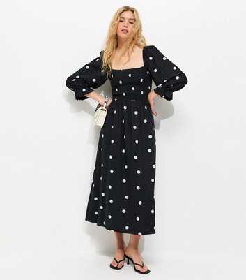 Black Polka Dot Shirred Cropped Sleeve Midi Dress