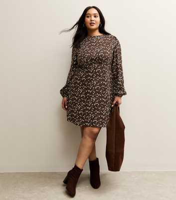 Curves Brown Floral Print Long Sleeve Mini Dress