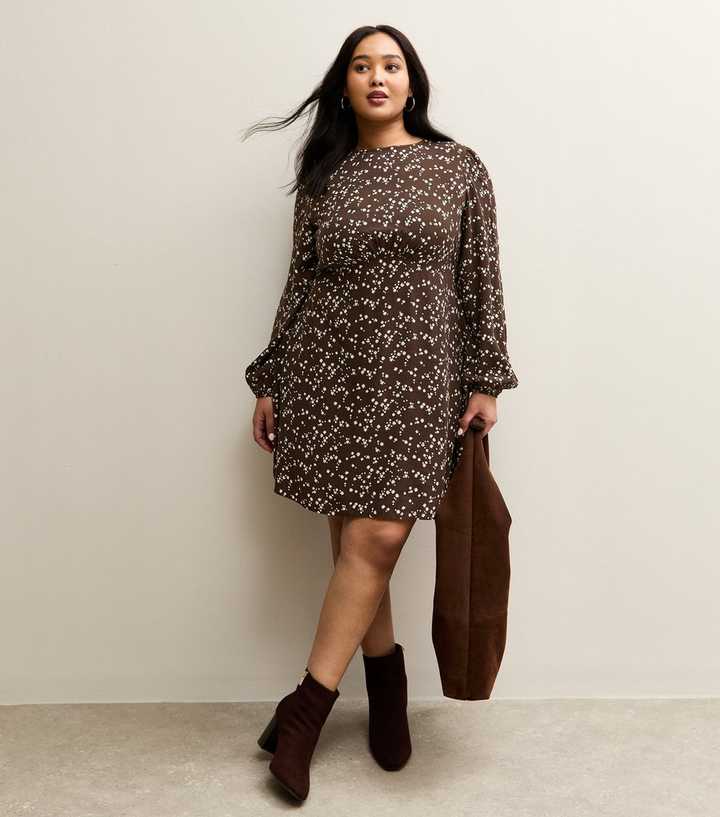 Curves Brown Floral Print Long Sleeve Mini Dress