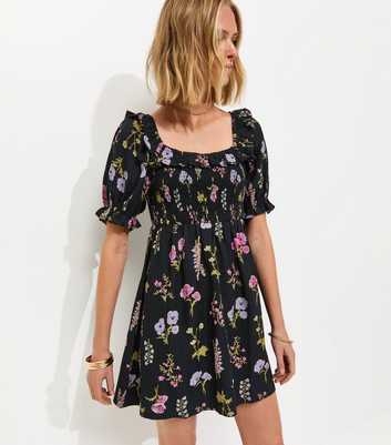 Black Short Sleeve Shirred Frill Mini Dress