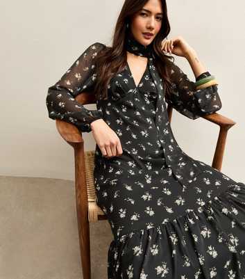 Black Ditsy Floral Bow Chiffon Midi Dress