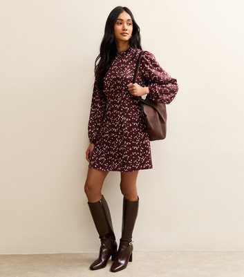 Burgundy Ditsy Speckled Long Sleeve Satin Mini Dress