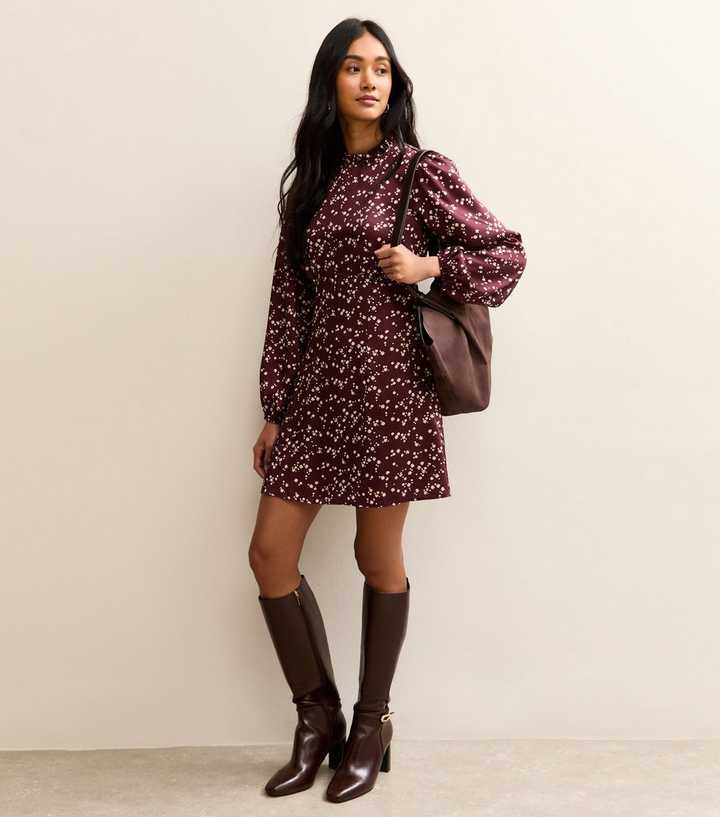 Burgundy Ditsy Speckled Long Sleeve Satin Mini Dress