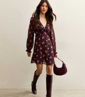 Burgundy Floral Chiffon Mini Dress