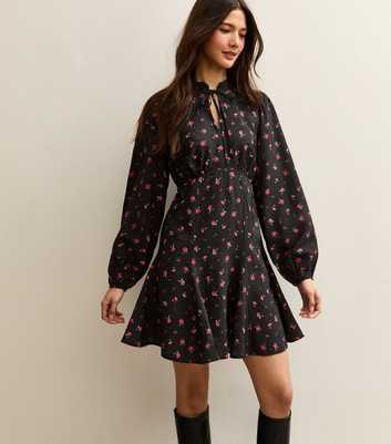 Black Ditsy Floral Godet Mini Dress