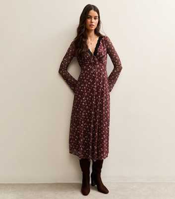 Brown Ditsy Print Long Sleeve Lace Mesh Midi Dress