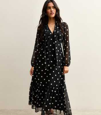 Black Polka Dot Bow Chiffon Midi Dress