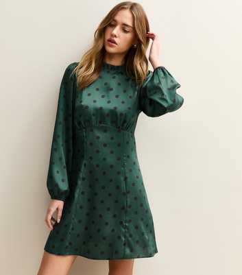 Dark Green Polka Dot Long Sleeve Satin Mini Dress