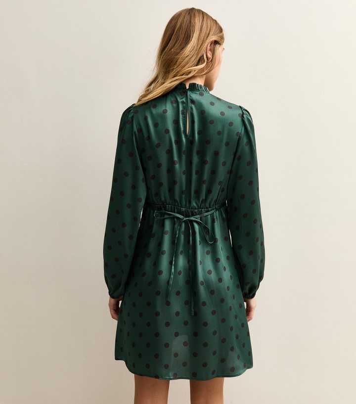 Dark Green Polka Dot Long Sleeve Satin Mini Dress