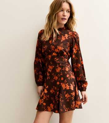 Brown Floral Tie Neck Long Sleeve Mini Dress