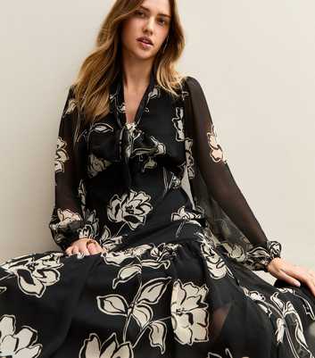 Black Frill Bow Neck Abstract Floral Chiffon Midi Dress