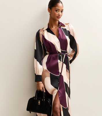 Brown Geometric Print Satin Tie Waist Shirt Dress