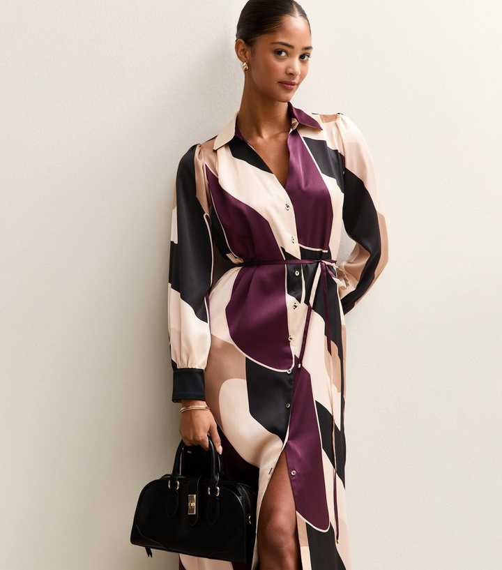 Brown Geometric Print Satin Tie Waist Shirt Dress