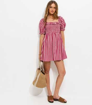 Red Gingham Short Sleeve Shirred Frill Mini Dress