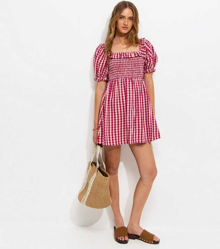 Red Gingham Short Sleeve Shirred Frill Mini Dress