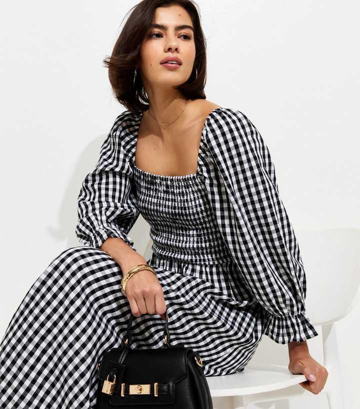 Black Gingham Shirred Cropped Puff Sleeve Midi Dress
