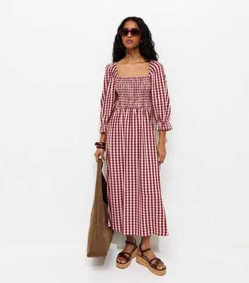 Pink Gingham Shirred Cropped Puff Sleeve Midi Dress