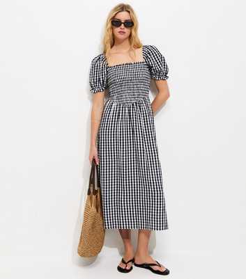 Black Gingham Shirred Puff Sleeve Midi Dress