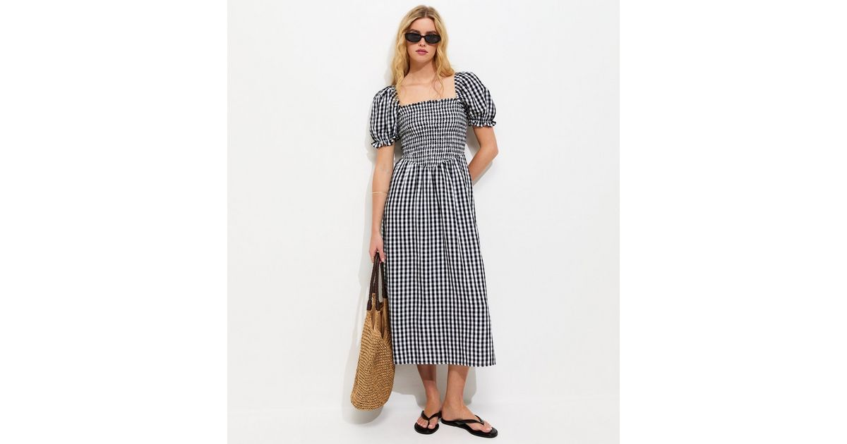 Black Gingham Shirred Puff Sleeve Midi Dress