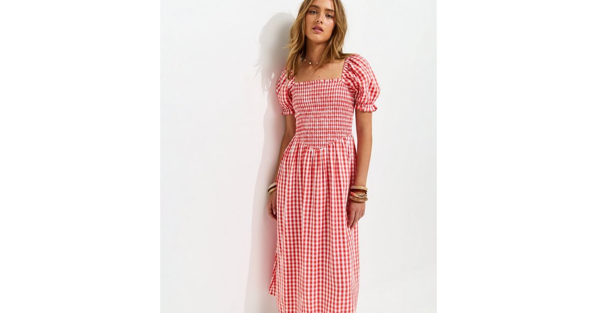 Red Gingham Shirred Puff Sleeve Midi Dress