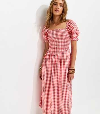 Red Gingham Shirred Puff Sleeve Midi Dress