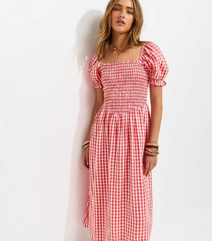 Red Gingham Shirred Puff Sleeve Midi Dress