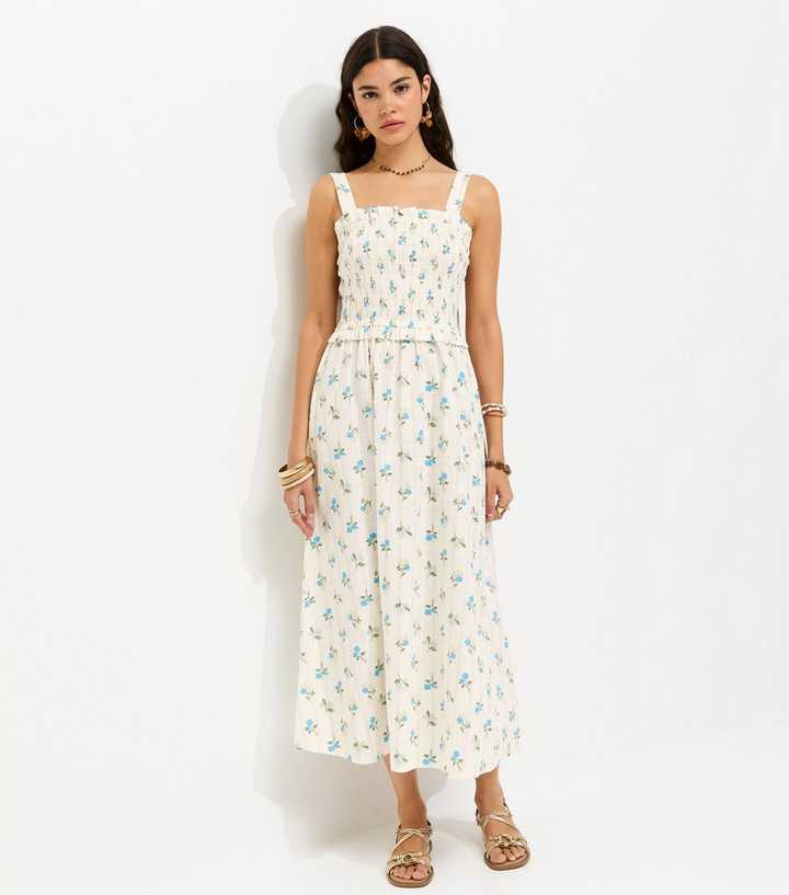 Cream Cotton Floral Print Shirred Tie Strap Midi Dress